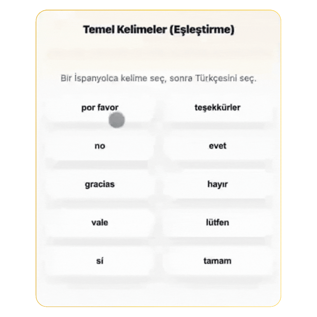 Kelime eşleştirme ekranı